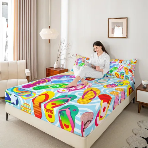 Miniatura 3 de Coloridas chanclas bajeras tamaño individual, juego de ropa de cama de vacaciones de playa oceánica de 2 piezas para decoración de habitación