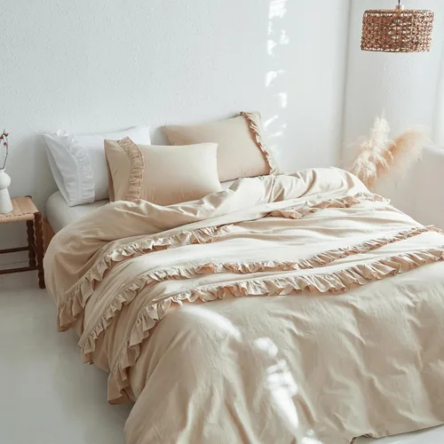 Miniatura 11 de Simple&Opulence Juego de funda de edredón de algodón de lino con volantes, 3 piezas, ropa de cama con textura suave con bordes decorativos