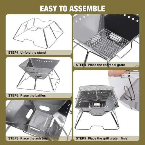 Miniatura 6 de Fogata portátil con parrilla para campamento, hoguera plegable de alta resistencia con parrilla de fogata y bolsa de transporte para exteriores