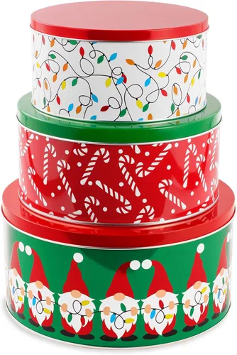 Steel Mill & Co - Recipientes de lata con tapas, paquete de 3 latas de galletas de Navidad, latas festivas para regalos y golosinas navideñas,