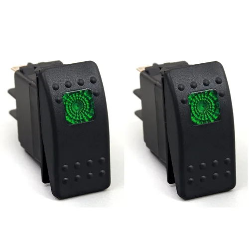 Amarine Made Paquete de 2 interruptores basculantes LED impermeables de 12 V y 20 amperios para barco, SPST 3P, con luz (verde)