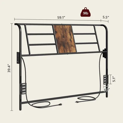 Miniatura 3 de MAHANCRIS Cabecera tamaño Queen solamente, cabecera de metal con 2 tiras de alimentación, respaldo reclinable, con adaptadores de marco de cama