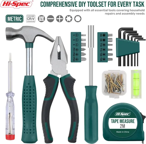 Miniatura 2 de Hi-Spec Kit de herramientas pequeño compacto para bricolaje en el hogar y la oficina, mini caja de herramientas verde de 25 piezas para reparaciones