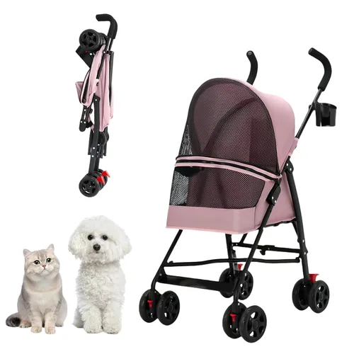 Miniatura 9 de Cochecito para mascotas con ventilación de malla, diseño plegable ligero, portavasos, negro