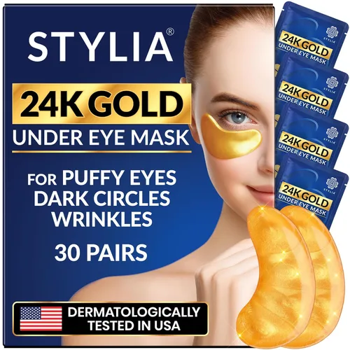 Miniatura 12 de Stylia Parches para usar debajo de los ojos para ojos hinchados y ojeras (20 pares) – Mascarilla de oro de 24 quilates para usar debajo de los ojos