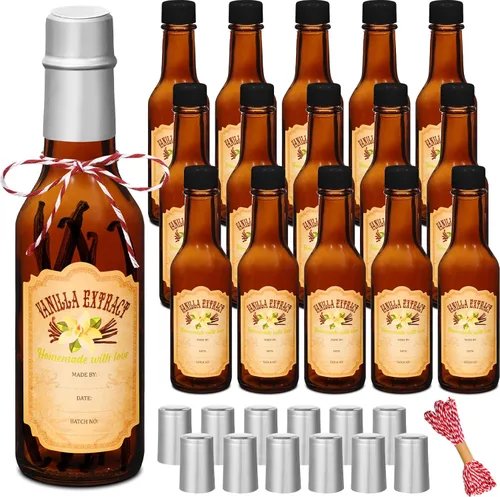 Miniatura 19 de Tioncy 16 botellas vacías de extracto de vainilla para botella de vidrio casera con tapa, banda retráctil, calcomanía, manualidades, regalo de boda