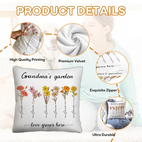 Miniatura 5 de Customized Birth Month Flowers Pillow Case, Personalized Mothers Day Birthday Gifts for Grandma from Granddaughter Grandson, Grandma's Garden M2