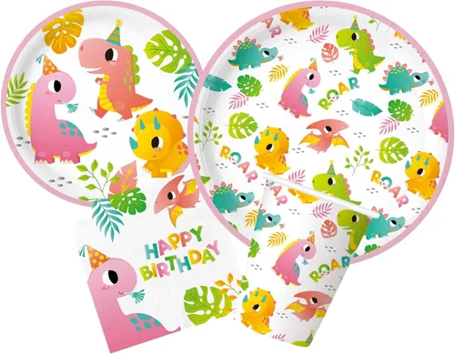 Miniatura 2 de Oojami Suministros de fiesta de dinosaurios para 24 - Juego de decoraciones de cumpleaños para niñas
