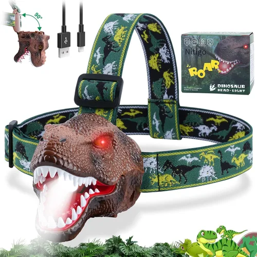 Miniatura 12 de Nitigo Linterna Frontal de Dinosaurio para Niños Linterna Paquete de 2, Linternas Frontales LED Recargables Modo Rugido y Silencioso, Juguetes