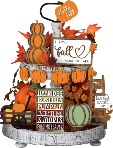 Miniatura 8 de Sumind Juego de 15 piezas de decoración de bandejas escalonadas de Acción de Gracias, decoraciones de otoño para el hogar, letreros de madera