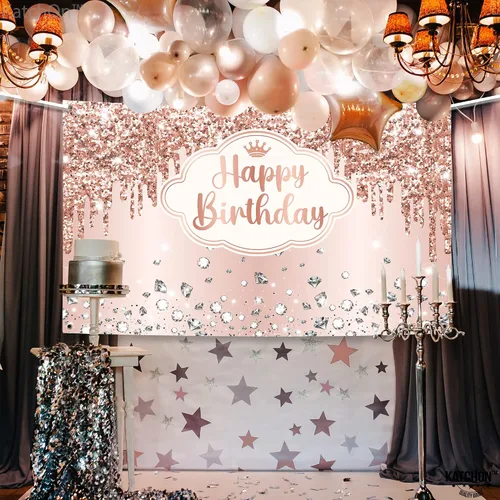 Miniatura 7 de KatchOn, Cartel extragrande de feliz cumpleaños de oro rosa, 72 x 44 pulgadas, decoraciones de cumpleaños para mujeres y niñas, pancarta de fondo