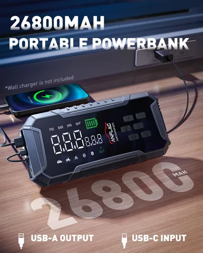 Miniatura 4 de Arrancador de Batería para Automóvil con Compresor de Aire 160PSI, Arrancador de Batería para Automóvil Portátil 7000A 12V (Todo Gas/12L Diesel)