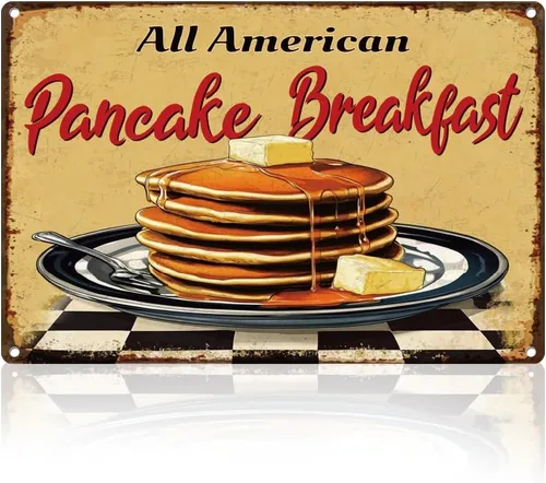 Pancakes Breakfast - Letrero de metal retro para decoración de pared, 8 x 12 pulgadas, delicioso alimento, vintage, póster de arte de pared para