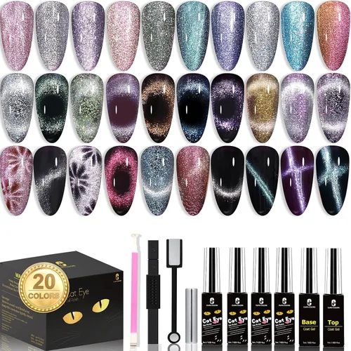 Clara Colors Esmalte de uñas magnético – Kit de esmalte de gel de ojo de gato de 20 colores, esmalte de uñas holográfico con purpurina de ojo de