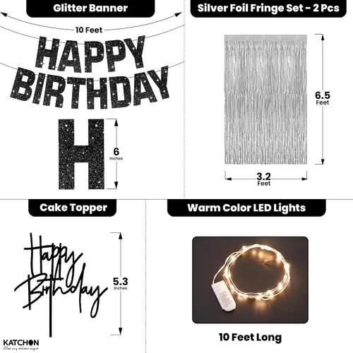 Miniatura 2 de KatchOn, Juego de decoraciones de cumpleaños negras y plateadas, paquete de 5, pancarta de feliz cumpleaños con purpurina, fondo plateado, luz LED