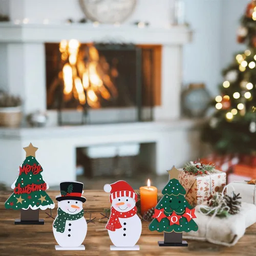 Miniatura 4 de DECSPAS Decoraciones navideñas para interiores, 4 piezas de árboles de Navidad de madera y muñecos de nieve para decoración de mesa de centro
