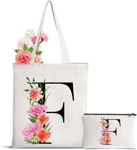 Miniatura 25 de Bolsa de lona con letra inicial personalizada, regalo para el día de la madre, damas de honor, novia, cumpleaños, boda Flower-D
