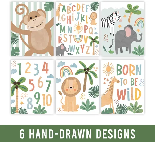 Miniatura 2 de Hadley Designs 6 decoraciones de pared de safari para guardería, decoración de guardería sin marco, decoraciones de selva para habitación de niños