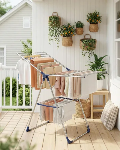 Miniatura 8 de Sakugi Tendedero de ropa con alas ajustables en altura, soporte plegable de metal para secadora de ropa y ropa de cama, plegable independiente