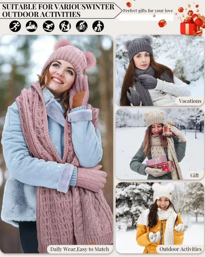 Miniatura 7 de Conjunto de gorro, bufanda y guantes de invierno para mujer, gorro con forro polar con doble pompón, guantes para pantalla táctil, bufanda de punto