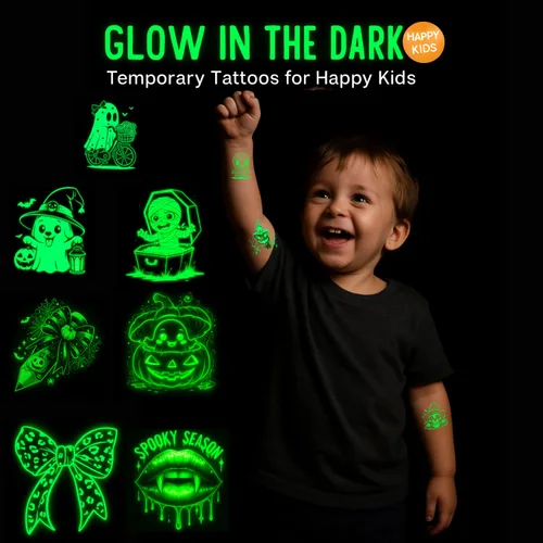 Miniatura 2 de Tatuajes temporales de Halloween que brillan en la oscuridad: 108 hojas envueltas individualmente, calcomanías luminosas de tatuaje, recuerdos