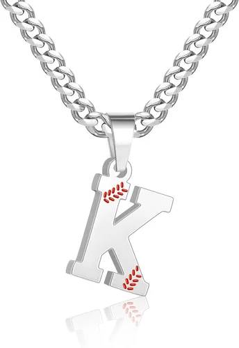 Miniatura 61 de Avotto Collar de béisbol con letra inicial de la A a la Z para niños y hombres, cadena cubana de acero inoxidable resistente que no se decolora
