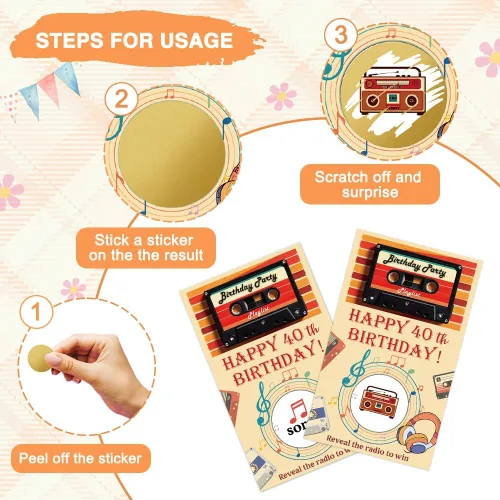 Miniatura 3 de Haizct 50 tarjetas rascadoras de feliz cumpleaños 40, juego retro para raspar de radio para amantes de la música, suministros de fiesta de regreso a