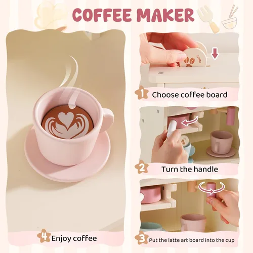 Miniatura 4 de ROBOTIME Cocina de juego para niños, cocina moderna de juguete de madera con máquina de hielo, cafetera, horno, microondas, tostadora, estufa, Rosa