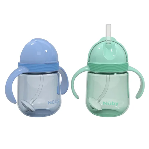 Nuby No-Spill Clik-it - Vaso de silicona para niños pequeños (paquete de 2) de 8 onzas, vaso para sorber con pajilla con peso 360 para niños de 1