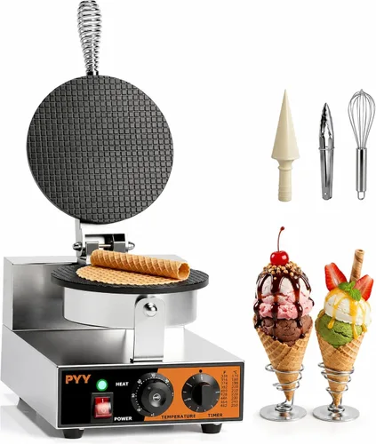 Miniatura 9 de PYY Gofrera Comercial - Plancha de Gofres Antiadherente de 1300W, Máquina de Gofres Belga Redonda de Acero Inoxidable 20Pcs/H, Control de Tiempo