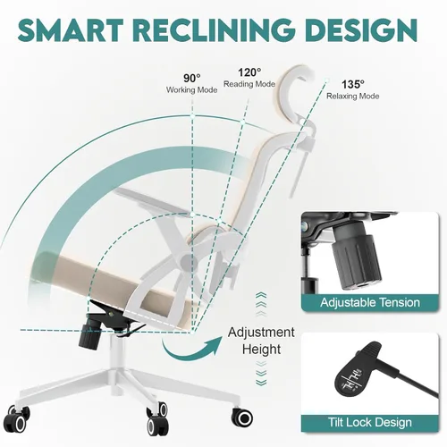 Miniatura 4 de Ergonomic Office Desk Chair, 90°-125° Tilt Back Home Desk Chair with 360° Swivel & Mute Wheels, High Back Mesh Computer Chair for Adults with Lumbar