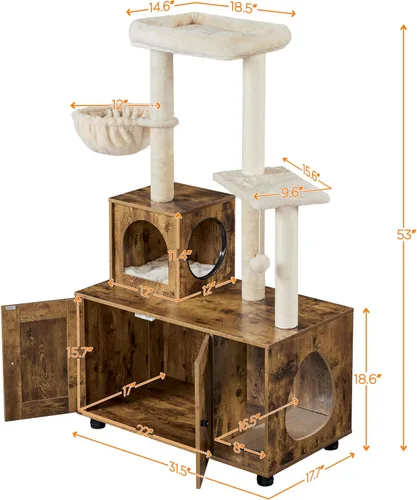 Miniatura 2 de Yaheetech Árbol para gatos, torre para gatos de 53 pulgadas con caja de arena de madera, casa para gatos 2 en 1 con condominio, postes rascadores
