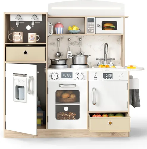 Miniatura 11 de Costzon Cocina de Juego para Niños, Set de Juego de Cocina de Juguete de Madera con Máquina de Hielo, Cafetera, Lavadora, Cortina, Microondas
