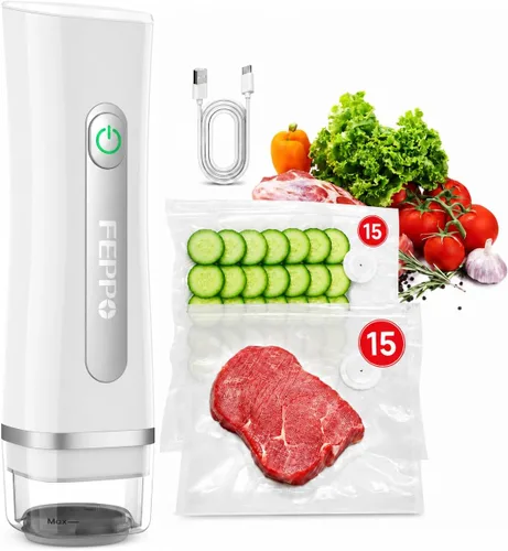 FEPPO Sellador al vacío para alimentos con tanque de agua visible, máquina selladora al vacío compacta de mano con 30 bolsas reutilizables para