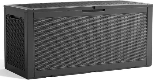 Miniatura 16 de Caja de cubierta para exteriores de 120 galones, cajas de almacenamiento impermeables con cerradura para herramientas de jardín, cojines de Gris