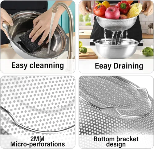 Miniatura 5 de Colador de acero inoxidable para cocina, colador de arroz de 2.5 cuartos con tazón para mezclar, juego de cuencos coladores con microporoso