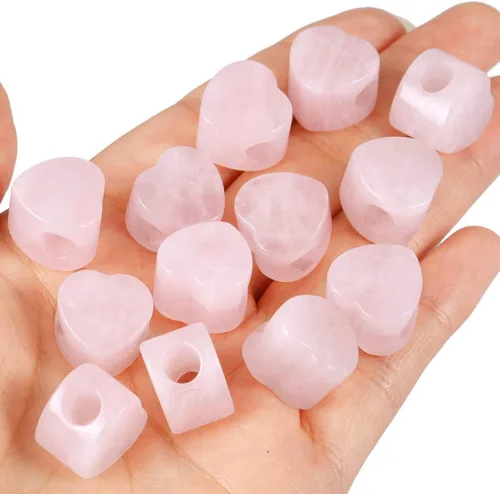 Miniatura 4 de SUNYIK Cuentas europeas sueltas de cuarzo rosa con forma de corazón, agujero grande, se adapta a pulseras y joyas, 0.551 x 0.551 in, paquete de 15