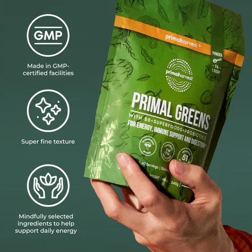 Miniatura 8 de Polvo de SuperVerdes Primal Harvest, 30 porciones con +50 Superalimentos de verduras, clorella, probióticos, té verde, hierba de trigo, kale