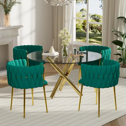 Miniatura 23 de Juego de mesa redonda dorada para 4, juego de mesa de comedor de 39'' con tapa de vidrio transparente, juego de mesa de cocina circular moderna de 5
