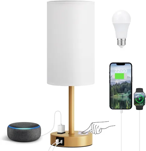 Miniatura 30 de Fenmzee Juego de lámparas de mesa pequeñas táctiles regulables de 2 a 3 vías, carga USB A + C, salida de CA, base de grano de madera, bombillas