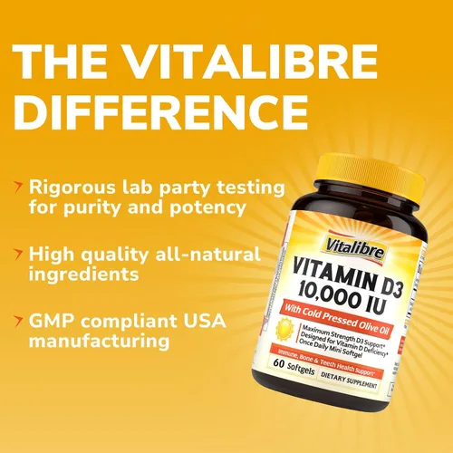 Miniatura 6 de Vitalibre Vitamina D3 de máxima fuerza 10,000 UI (250 mcg), altamente biodisponible, con aceite de oliva prensado en frío, apoyo inmunológico