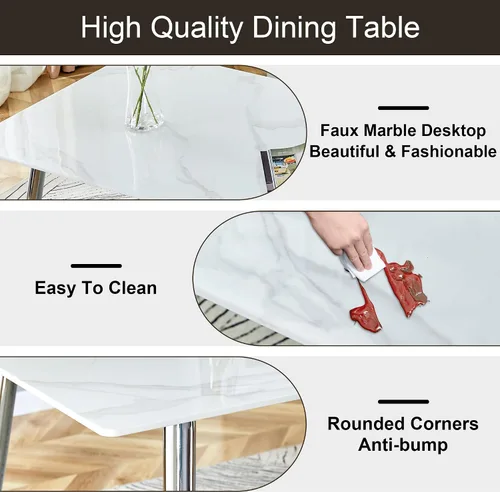 Miniatura 3 de Juego de mesa de comedor en blanco y negro de 51 pulgadas para 4, mesa de cristal minimalista moderna y 4 sillas tapizadas de piel sintética