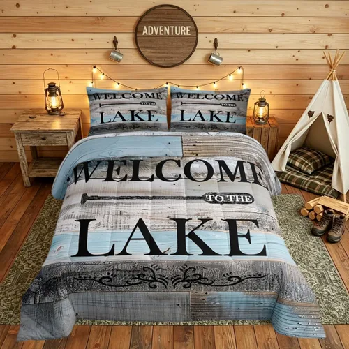 Miniatura 47 de Juego de ropa de cama King para casa del lago, juego de edredón de paleta de madera retro para regalos para amantes del lago, inserto de edredón