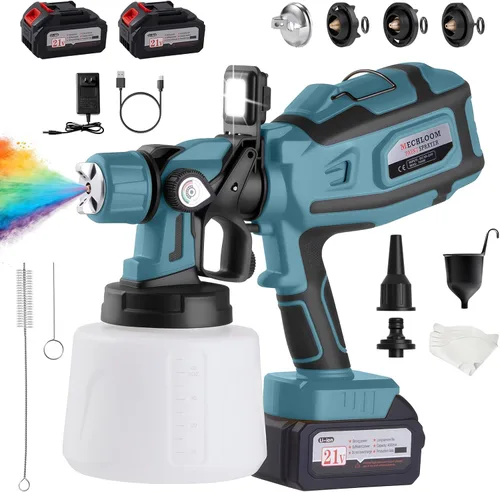Miniatura 10 de Pulverizador de pintura inalámbrico de 700 W con 2 baterías de 4.0 Ah y cargador rápido, pistola eléctrica HVLP, 3 boquillas de latón, flujo