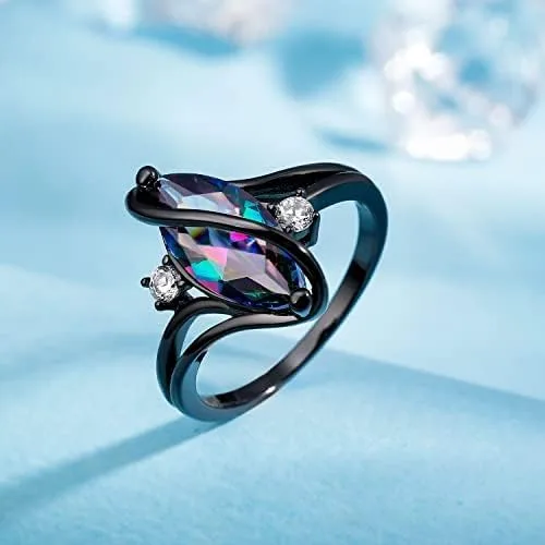 Miniatura 5 de 18K Black Gold Plated Rainbow CZOpal Marquise Rings for Women Cocktail Promise Eternity Band Party Birthday Gifts Fashion Jewelry