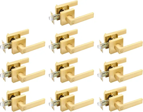 Miniatura 29 de EHOMEWARE 8 paquetes de manijas de puerta interior sin llave en acabado de latón satinado, manija de puerta de armario, palanca de puerta de paso