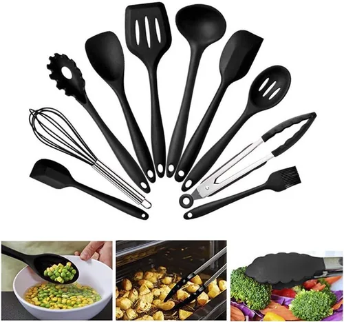 Miniatura 3 de Juego de utensilios de cocina, 10 utensilios de cocina de silicona, utensilios de cocina antiadherentes, espátula, cucharón, batidoras, pala, Rojo