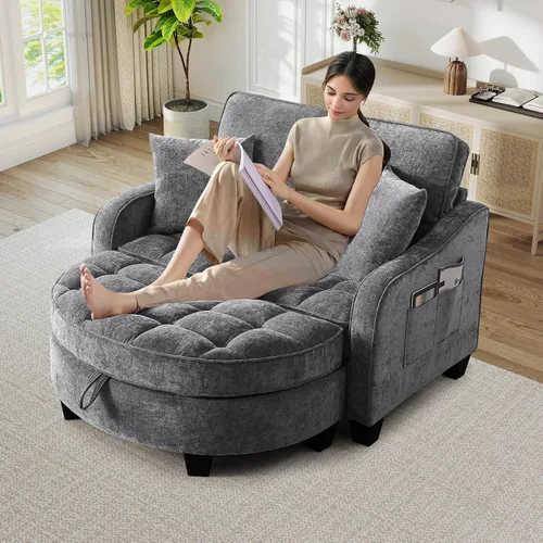 Miniatura 19 de Chaise Lounge Chair para interiores con puerto USB y soporte para teléfono, sillón reclinable pequeño de felpilla con otomana de almacenamiento