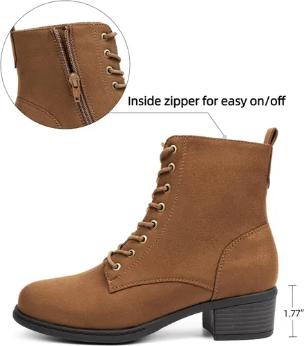 Miniatura 2 de VJH confort Botines de moda para mujer, tacón bajo, botines de combate gruesos con cordones y cremallera lateral