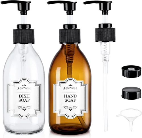Miniatura 10 de Botella de bomba de vidrio ámbar de 8 onzas, botella dispensadora de jabón de vidrio de 8.5 fl oz para aceite de masaje de loción corporal